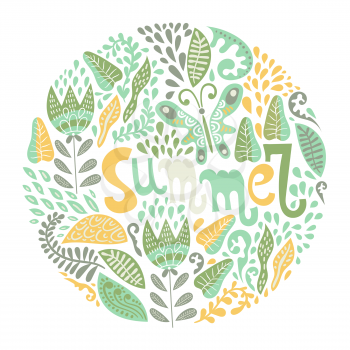 Vector Circle  Pattern with Fantastic Flowers and Leaves and Summer Hand Lettering. Original Design for Wallpaper, Pattern, Print, Card etc