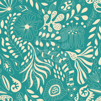 Vector Seamless Floral Pattern with Fantastic Flowers. Spring or Summer Greeting Card, Background, Print or Pattern. Floral wallpaper