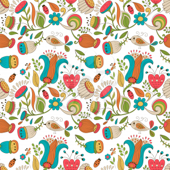Vector Seamless Floral Pattern. Summer Background with Flawers and Insects