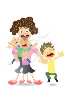 Royalty Free Clipart Image of a Stressed Mother With Her Children