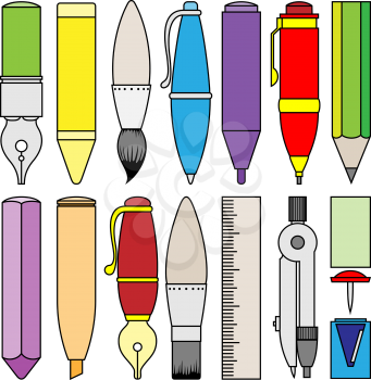 Royalty Free Clipart Image of Pens, Brushes and Math Tools