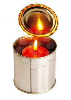 red candle on a tin can ovr white background