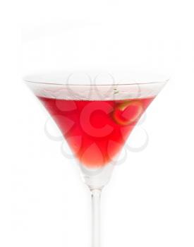 cosmopolitan drink cocktail straight up on martini cup with lime peel isolated on white background