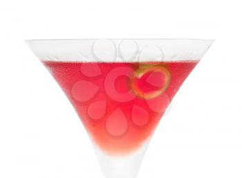 cosmopolitan drink cocktail straight up on martini cup with lime peel isolated on white background