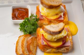fresh eggs benedict on bread with tomato and ham