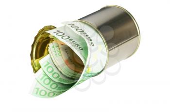 euro bills on a tin can over white background