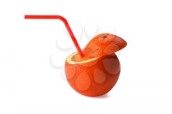 fresh ripe orange cutted on top with straw on white background