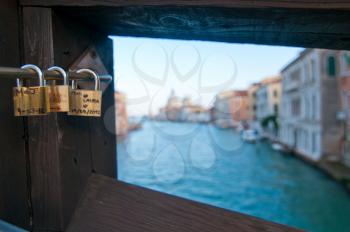 Unusual view of Venice Italy  love lockers on Accademia bridge