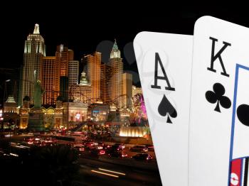 Royalty Free Photo of Playing Cards by Buildings in Vegas