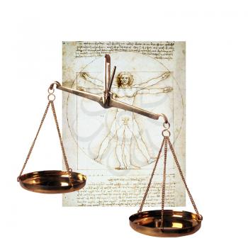 Royalty Free Photo of the Vitruvian Man and Scales of Justice