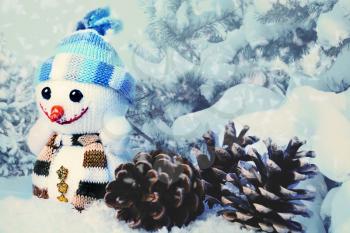 Royalty Free Photo of a Snowman and Pine Cones