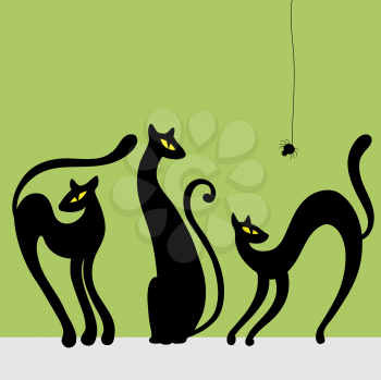Royalty Free Clipart Image of Three Black Cats and a Spider