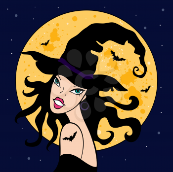 Royalty Free Clipart Image of a Witch in the Moonlight