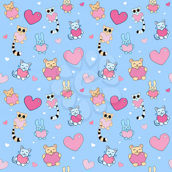 Royalty Free Clipart Image of a Lemur, Cat and Bunny Background