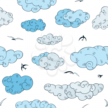 Blue Clouds, seamless pattern. Hand drawn vector illustration