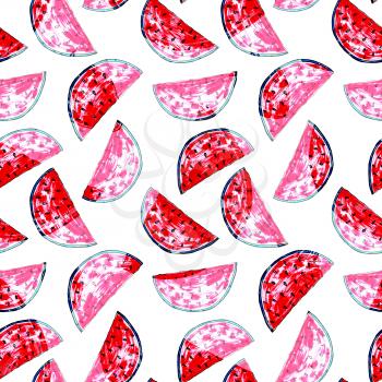 Exotic summer pattern. Slices of watermelon, Hand drawn food background