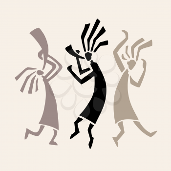 Stylized musicians Dancing figures. Primitive art. Vector illustration.