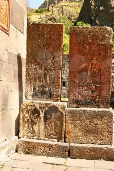 Royalty Free Photo of Cross Stones at Geghard Monastery in Armenia