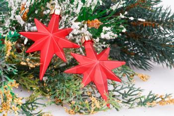 Christmas decoration with red stars and fir-tree branch.