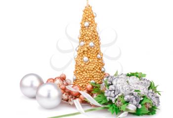 Christmas candle, balls and  flowers isolated on white background.