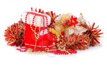 Christmas decoration with Santa's red boot, garland, beads isolated on white background.