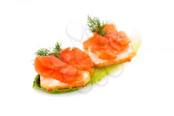 Sandwiches with salmon fillet on lettuce leaf isolated on white background.