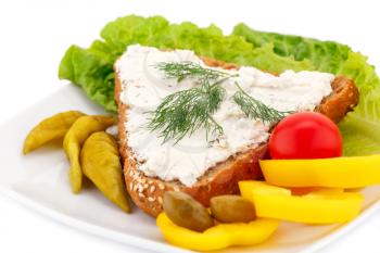 Sandwich with cheese and dill, fresh vegetables on plate.