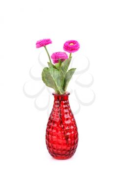 Pink fabric flowers in vase isolated on white background.