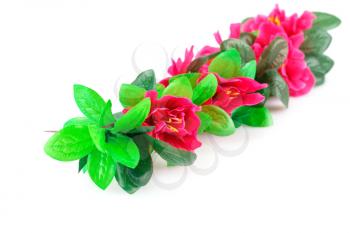 Pink fabric flowers isolated on white background.