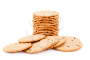 Stack of round cookies isolated on white background.