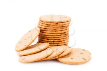 Stack of round cookies isolated on white background.