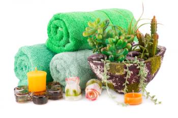 Spa set with towels, candles and plant in vase isolated on white background.