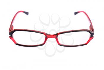 Eyeglasses with red frame isolated on white background.