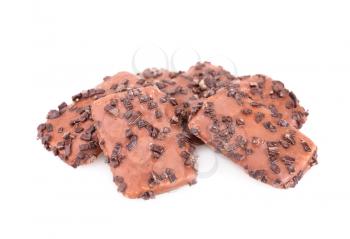 Heap of the chocolate cookies isolated on white background.