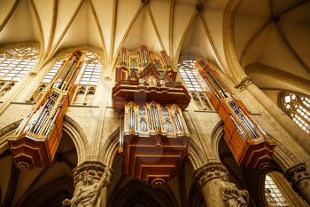 The pipe organ in The Cathedral of St. Michael and St. Gudula in Brussel, Belgium.
