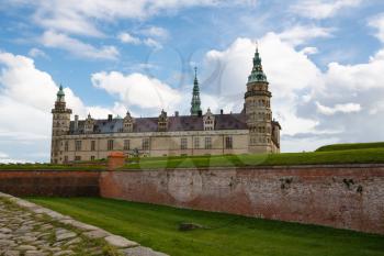 Exterior view of the historical Kronborg Castle in Helsingor, Denmark.