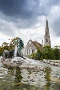 St. Alban's church and Gefion fountain, which is the goddess of fertility in Norse mythology in Copenhagen, Denmark. 