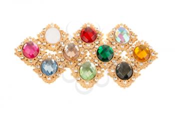Cabochons with colorful rhinestones isolated on white background.