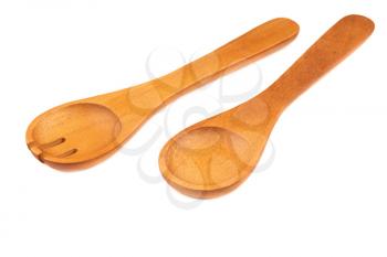 Wooden spoon and fork isolated on white background.