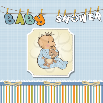 Royalty Free Clipart Image of a Baby on a Baby Shower Background