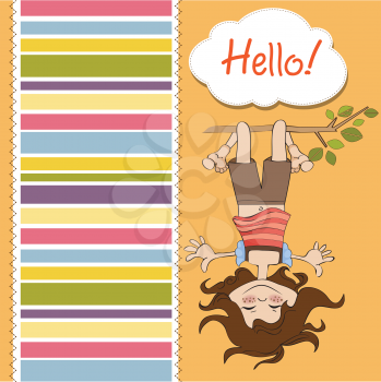 Royalty Free Clipart Image of a Girl Hanging Upside Down With a Striped Border