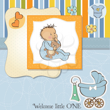 Royalty Free Clipart Image of a Birth Announcement With a Baby Boy and a Carriage in the Corner