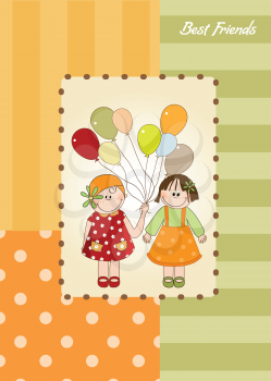 Royalty Free Clipart Image of a Background of Two Friends With Balloons