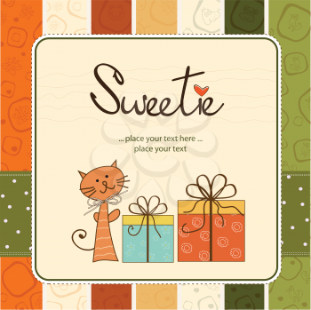 Royalty Free Clipart Image of a Cat With Gifts on a Background that Says Sweetie