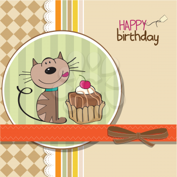 Royalty Free Clipart Image of a Cat With Cake on a Birthday Greeting