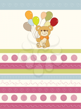 Royalty Free Clipart Image of a Background With a Bear Holding Balloons