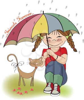 Royalty Free Clipart Image of a Girl and Her Cat Under and Umbrella