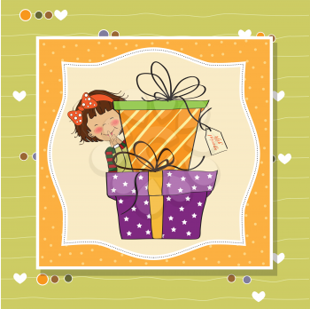 Royalty Free Clipart Image of a Background With a Little Girl Holding Gifts