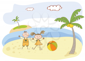 Royalty Free Clipart Image of Two Children Playing on the Beach