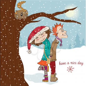funny couple in the winter, Christmas card in vector format